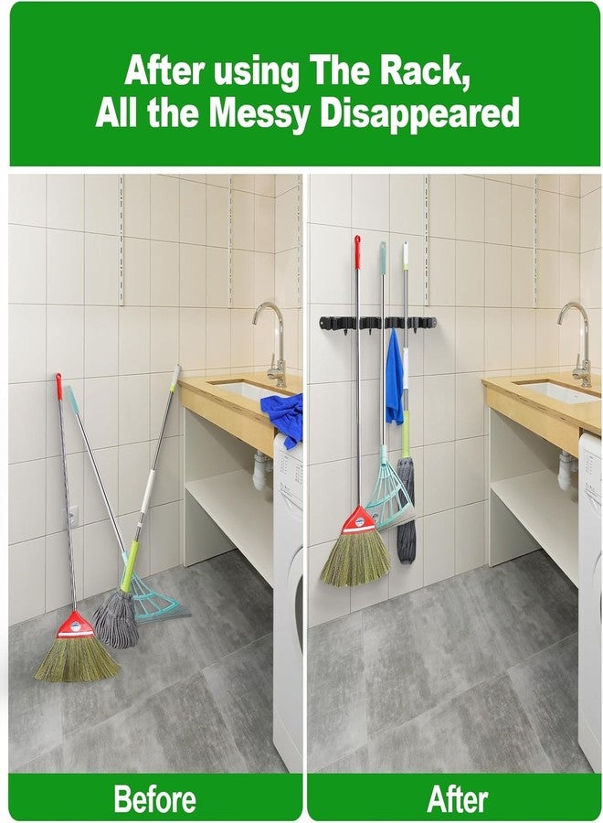 Boniry Broom Holder and Mop Organizer | Mop Holder For Wall Without Drilling with 3 Slots and 4 Hooks for Kitchen, Garage, Garden, and Utility | Space Saving Cleaning Tool Organizer (Black) - Image 4